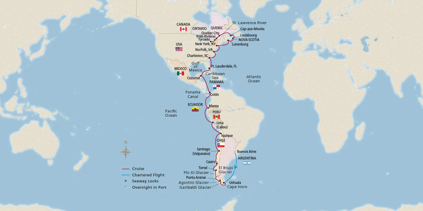 Map of Patagonia to Canada Grand Explorer itinerary
