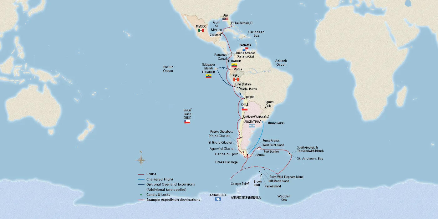 Map of The Americas, Chile & Antarctica itinerary