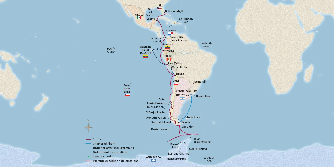Map of Antarctic Explorer & the Americas itinerary
