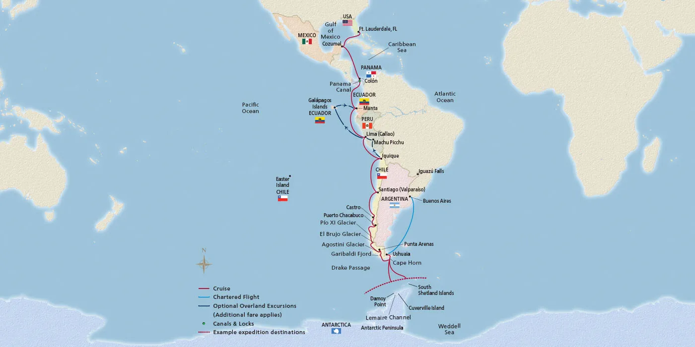 Map of Antarctic Explorer & The Americas itinerary