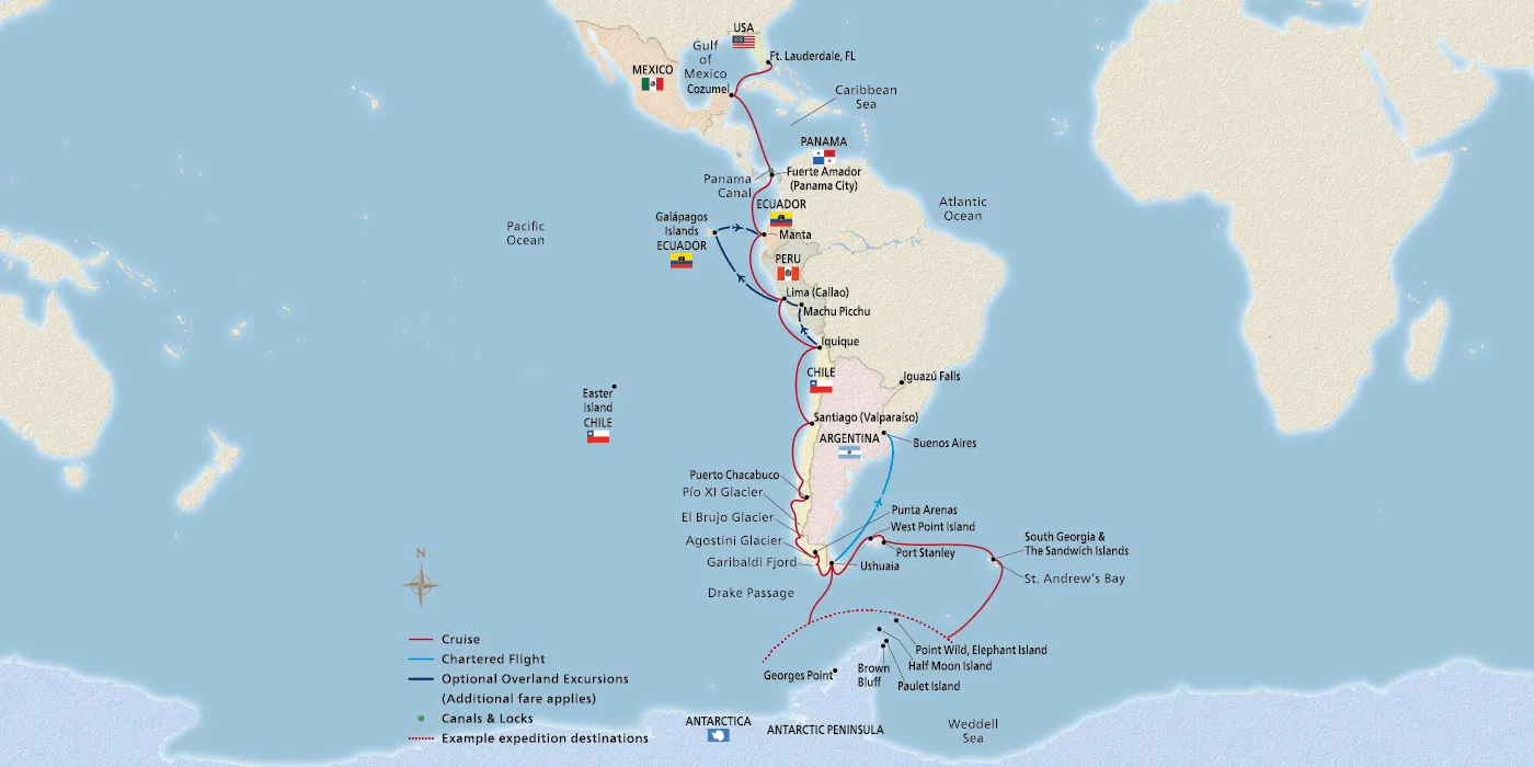 Map of Antarctica, Chile & the Americas itinerary