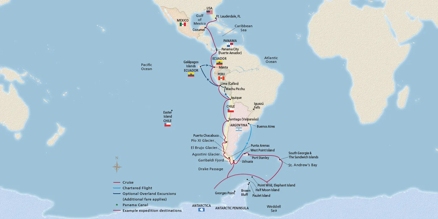 Map of Antarctica, Chile & the Americas itinerary