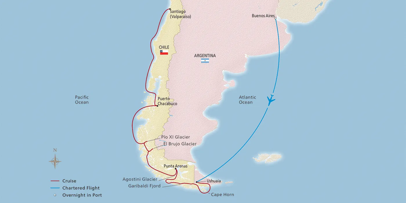 Map of Argentina & the Chilean Fjords itinerary
