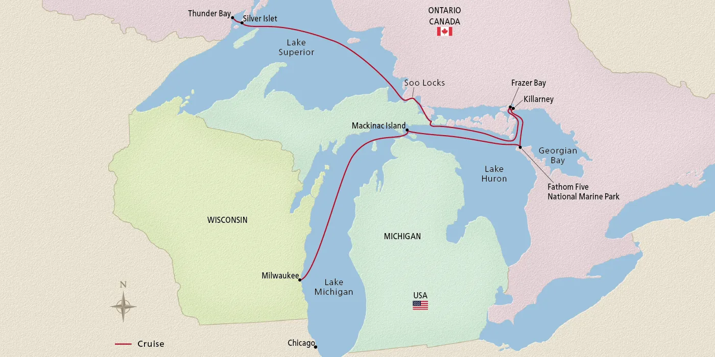 Map of Great Lakes Explorer itinerary