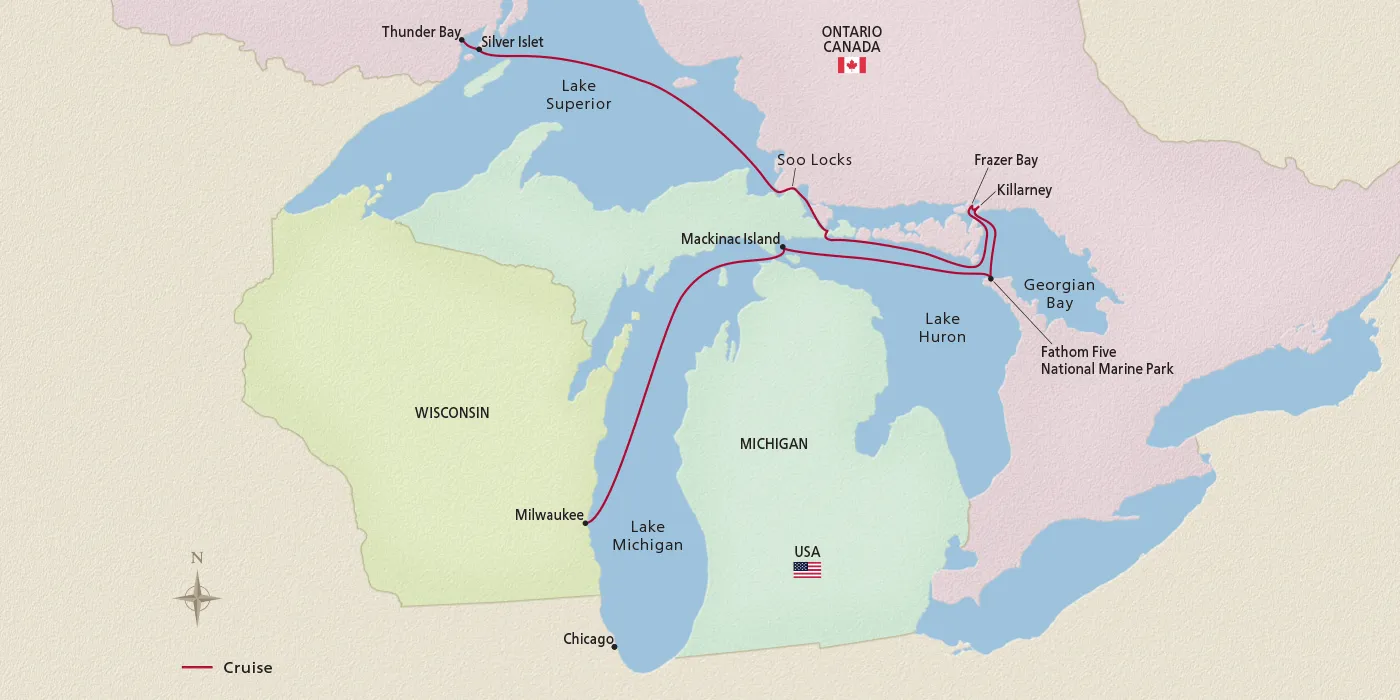 Map of Great Lakes Explorer itinerary