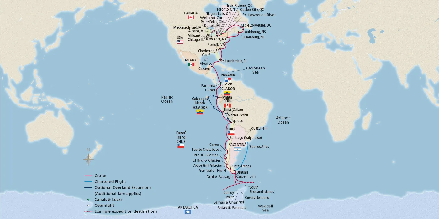 Map of Longitudinal World Cruise I itinerary