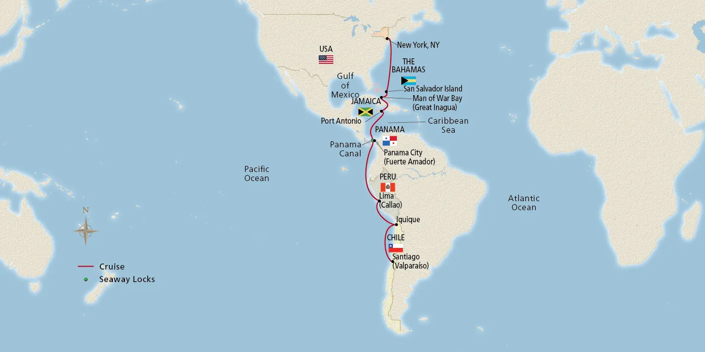 Map of Panama Canal & the Americas itinerary