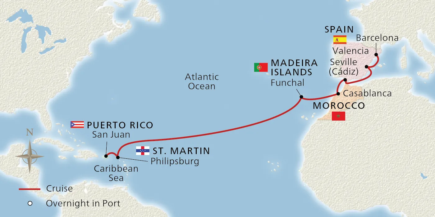 Map of West Indies to Iberia itinerary