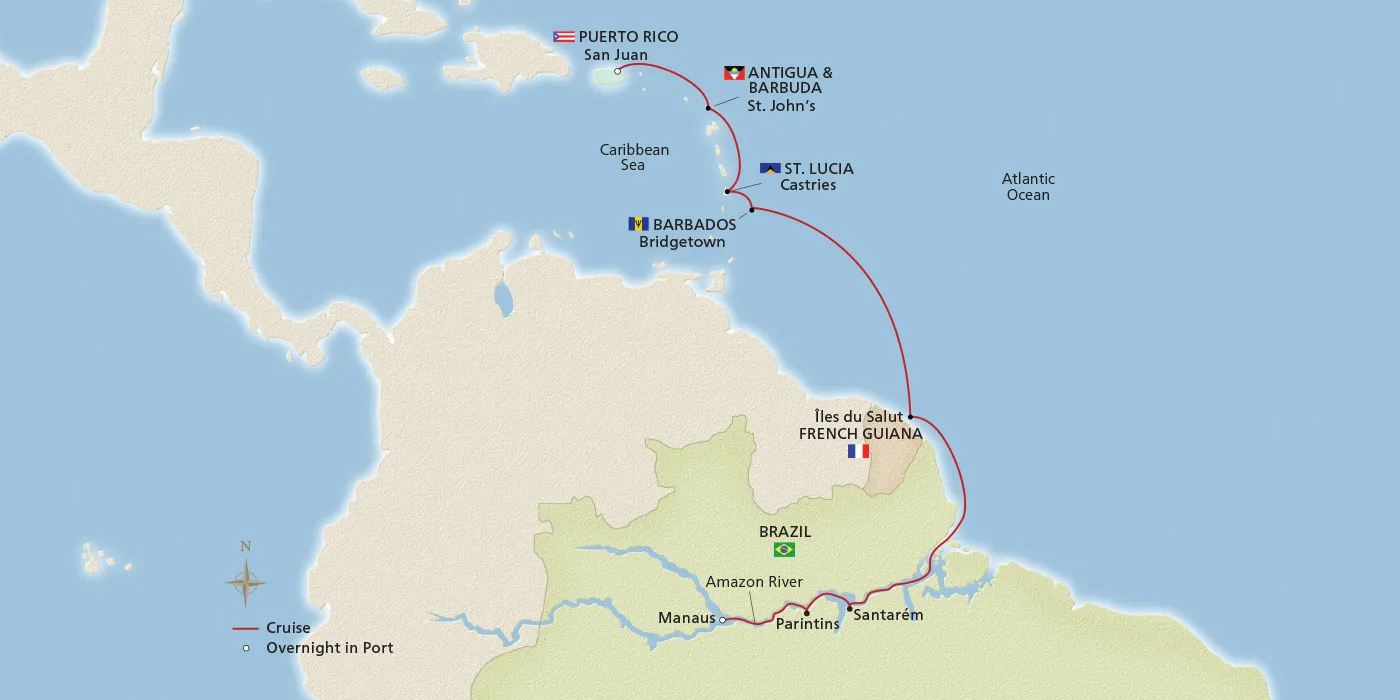 Map of Amazon & Caribbean Adventure itinerary