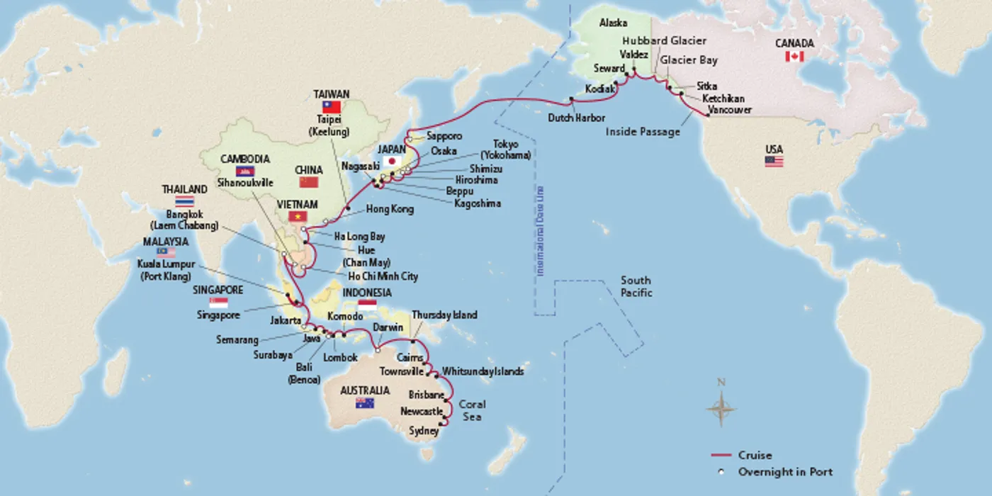 Map of Australia, Asia & Alaska itinerary