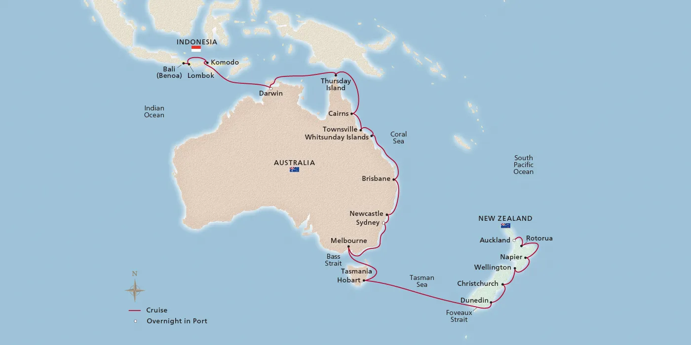 Map of Australia, New Zealand & Indonesia itinerary
