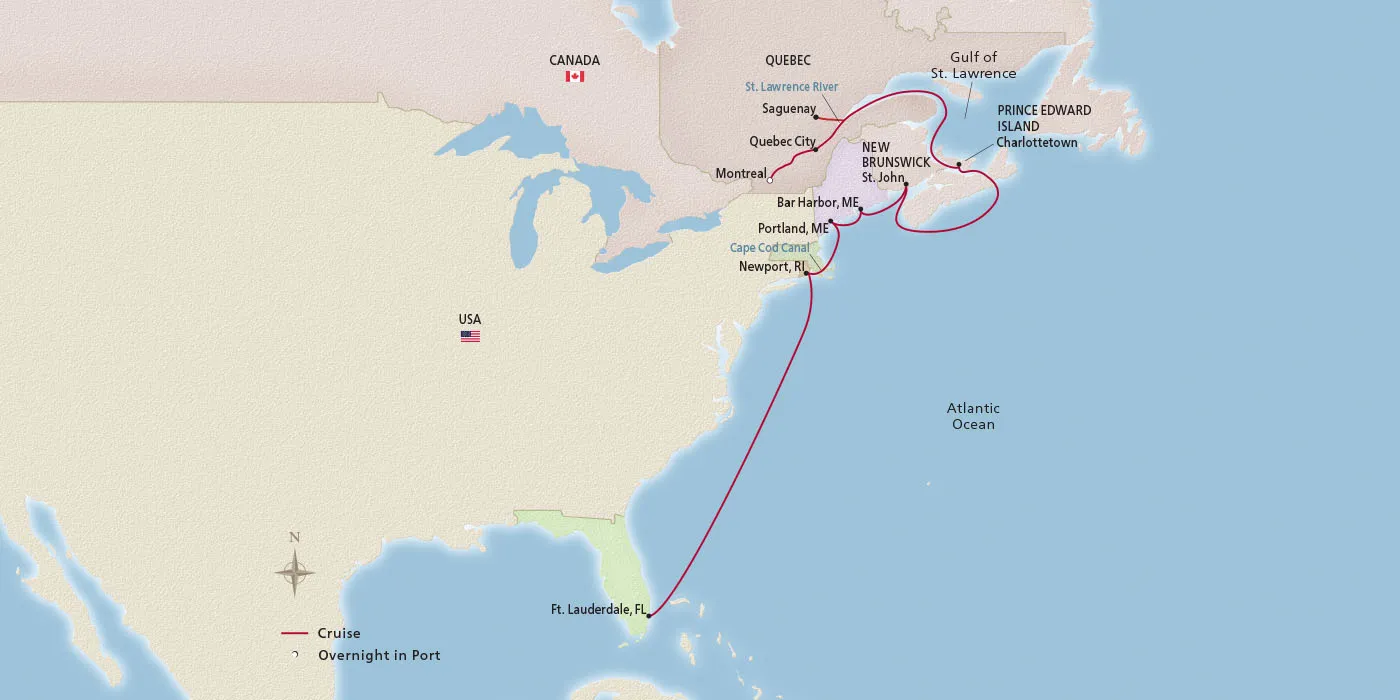 Map of Canada & New England Scenic Shores itinerary