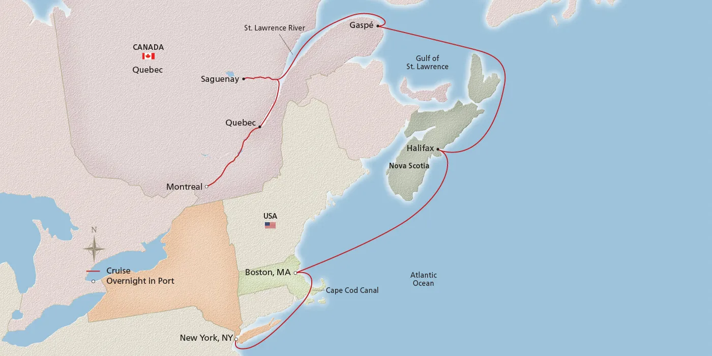 Map of Eastern Seaboard Explorer itinerary