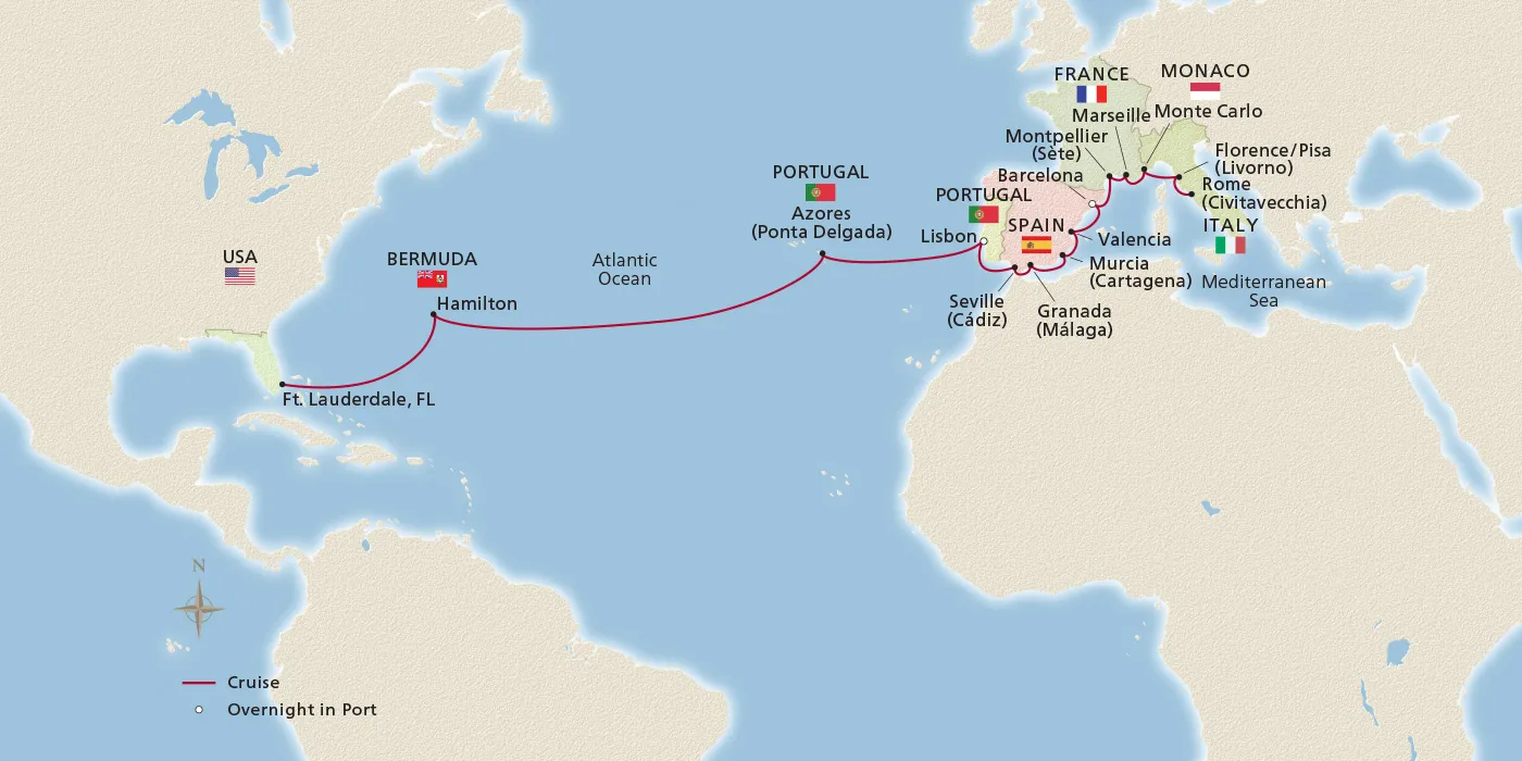 Map of Mediterranean Explorer & Crossing itinerary