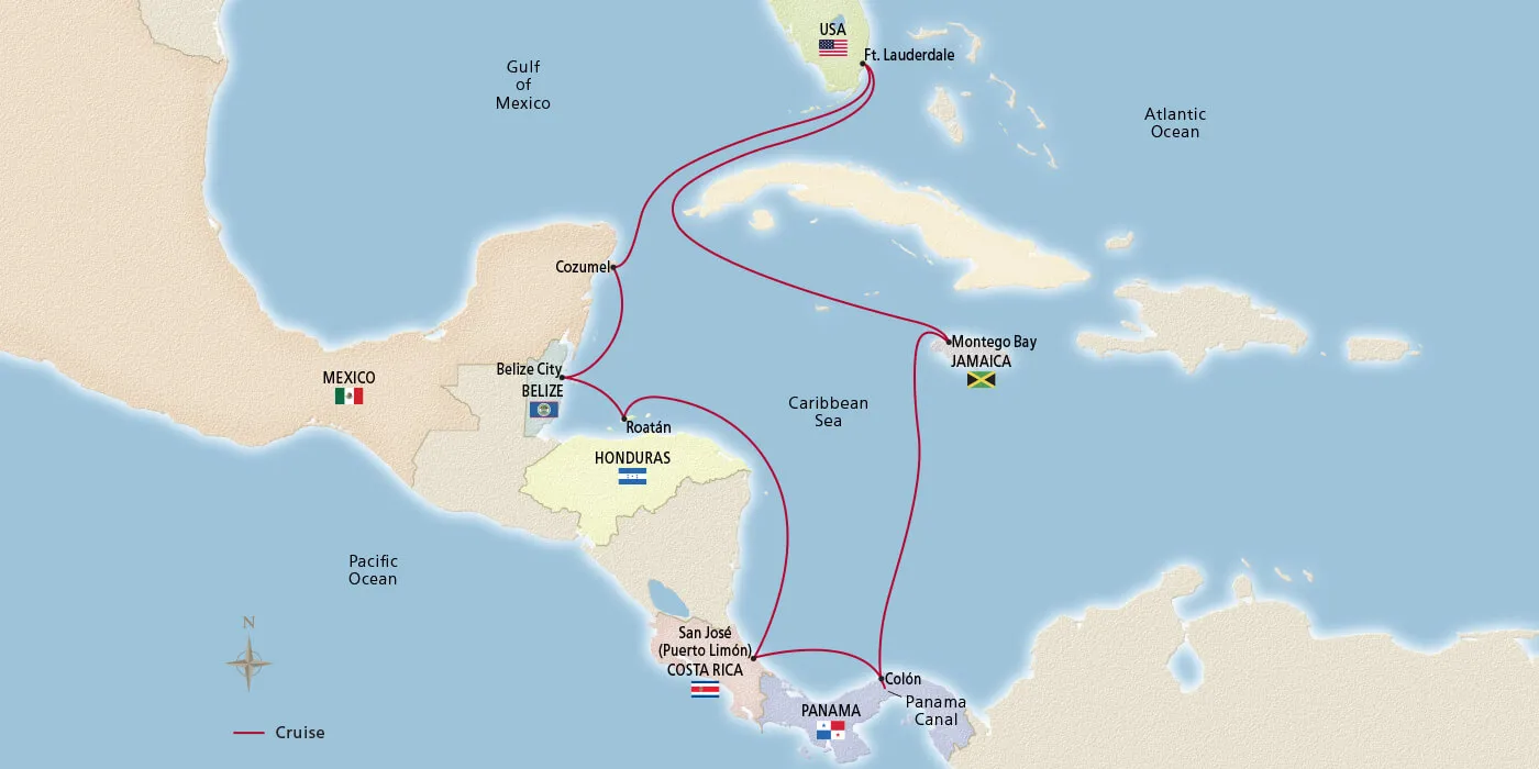 Map of Panama Canal & Central America itinerary