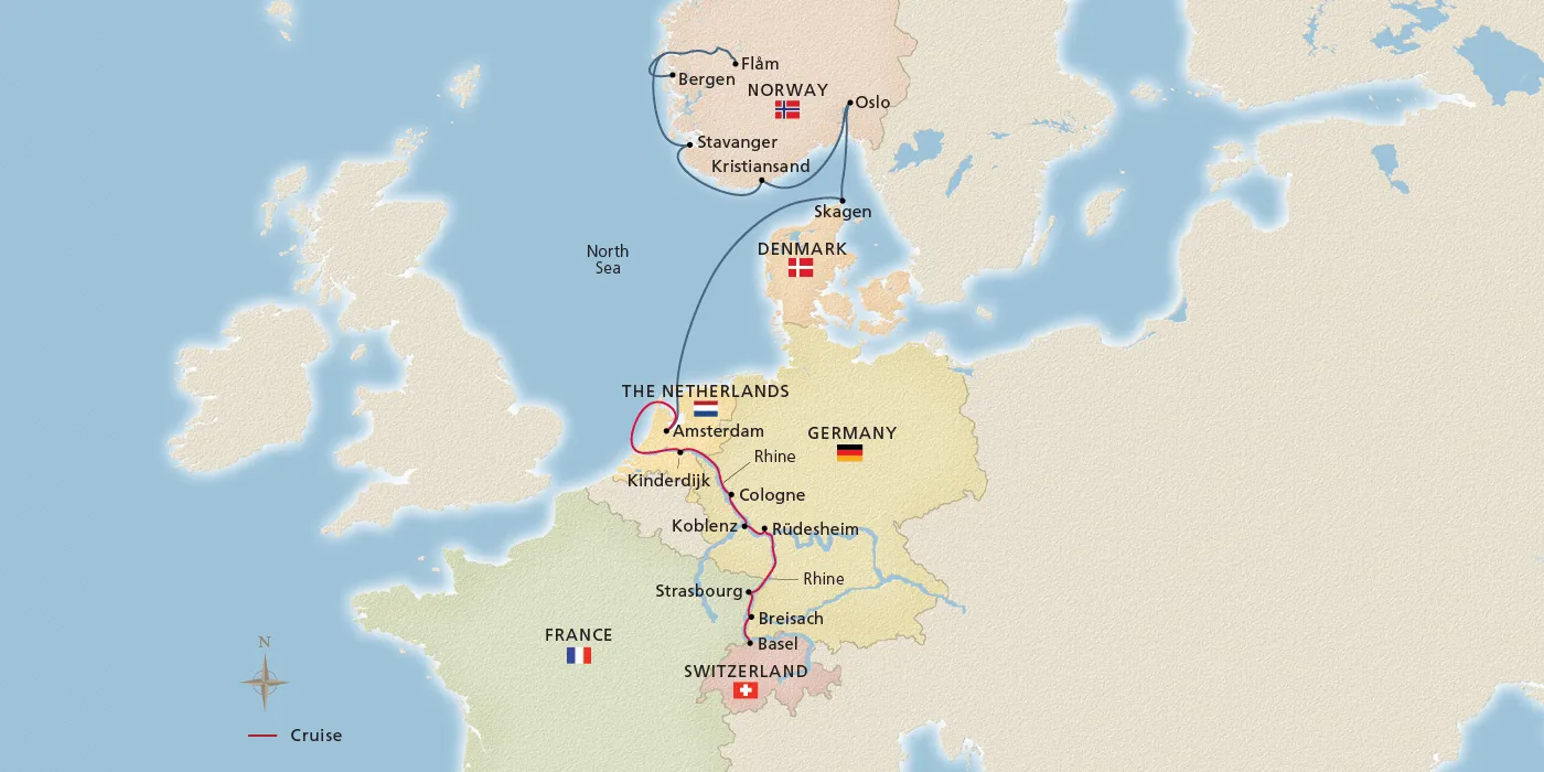Map of Rhine & Viking Shores & Fjords itinerary