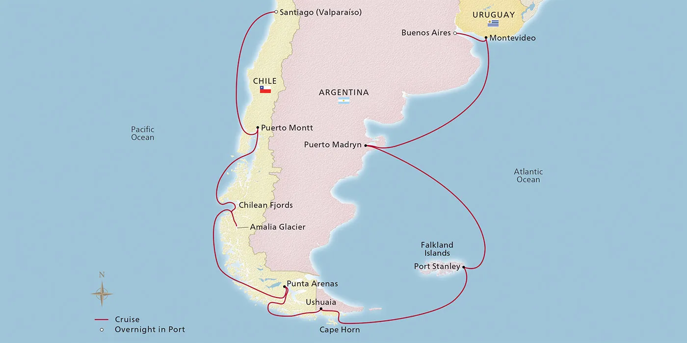 Map of South America & the Chilean Fjords itinerary