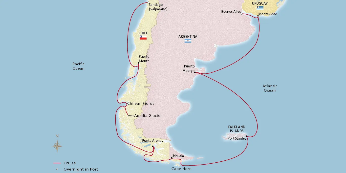 Map of South America & the Chilean Fjords itinerary