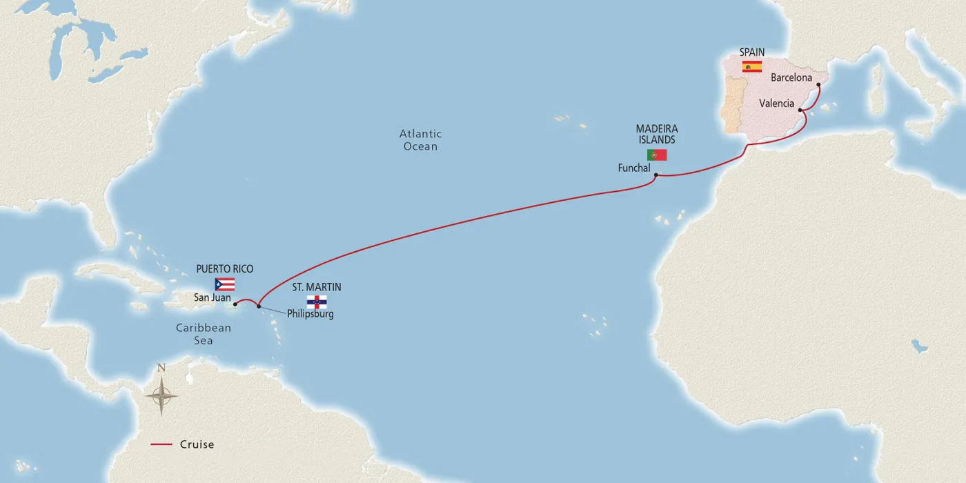 Map of West Indies & the Iberian Peninsula itinerary