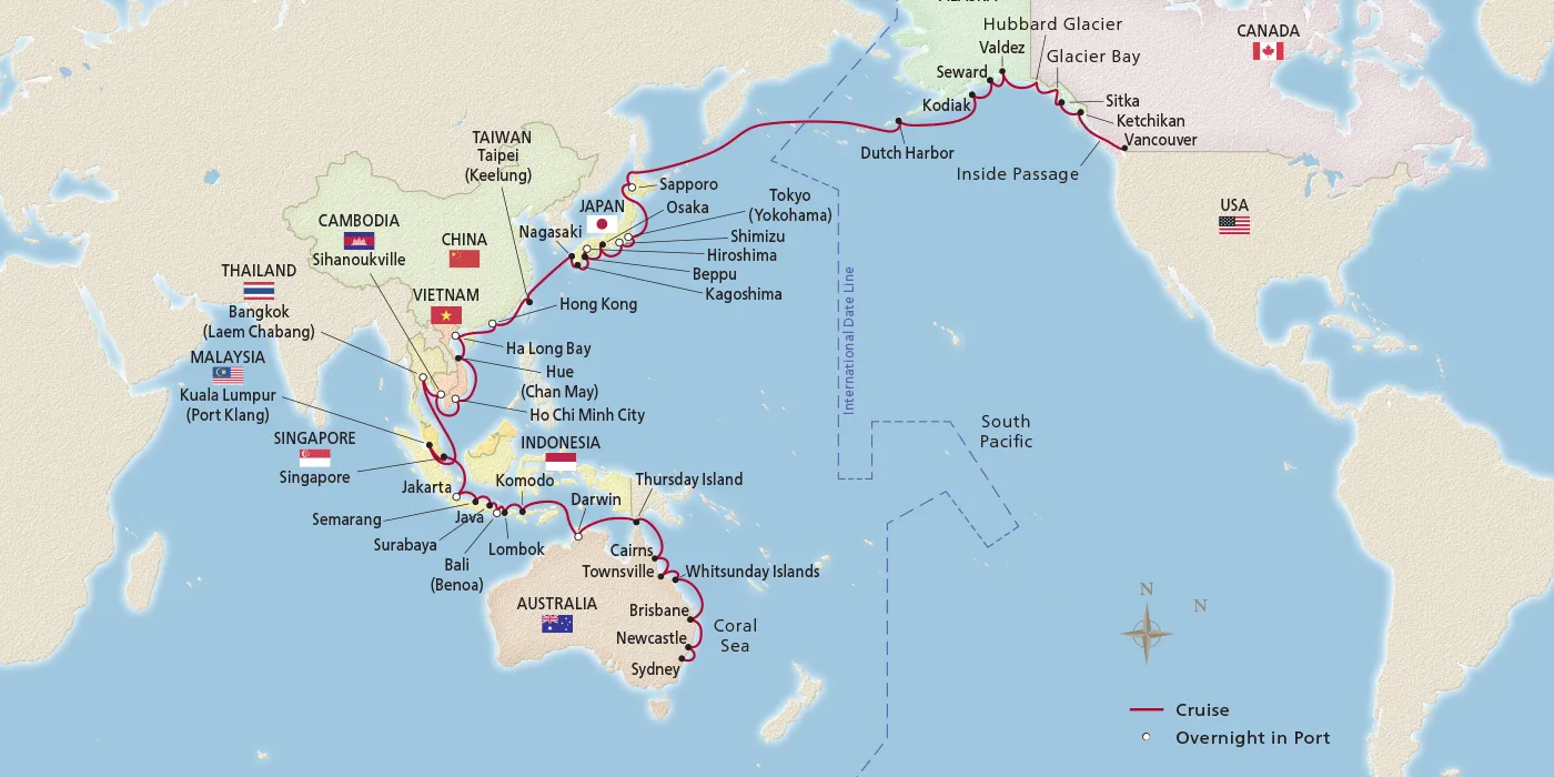 Map of Australia, Asia & Alaska itinerary