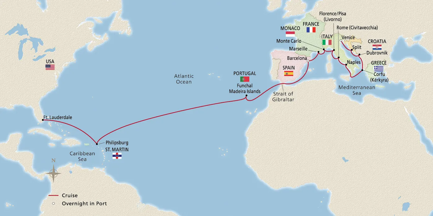Map of Atlantic & Mediterranean Odyssey itinerary