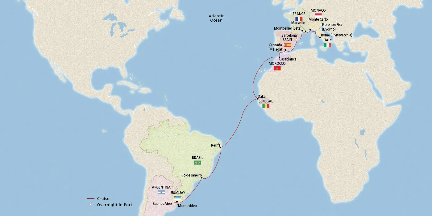 Map of The Mediterranean & South Atlantic itinerary