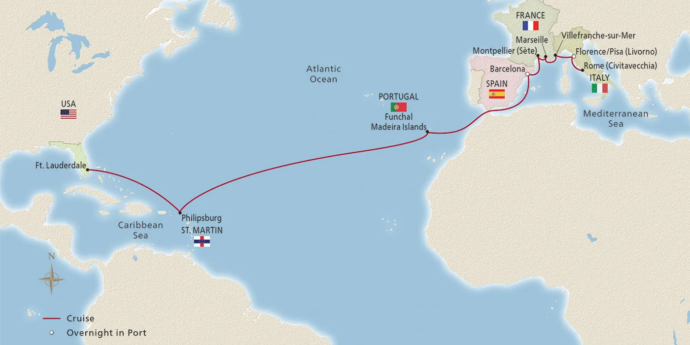 Map of Atlantic Crossing & Mediterranean itinerary