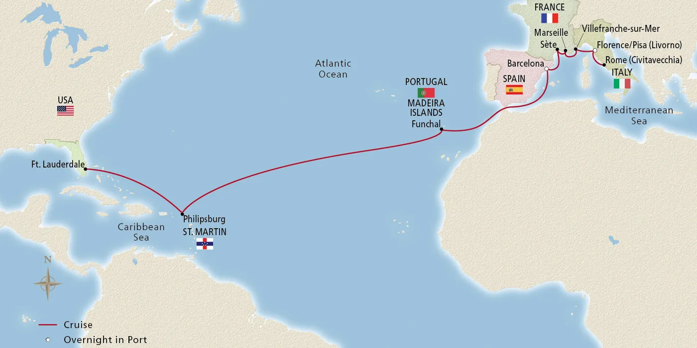 Map of Atlantic Crossing & Mediterranean itinerary