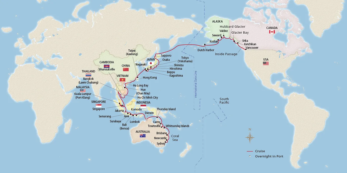 Map of Australia, Asia & Alaska itinerary
