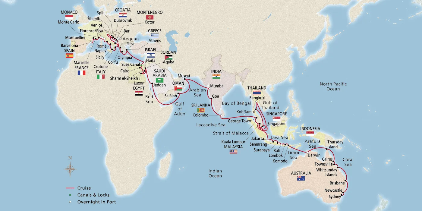 Map of Australia, Asia & the Mediterranean itinerary