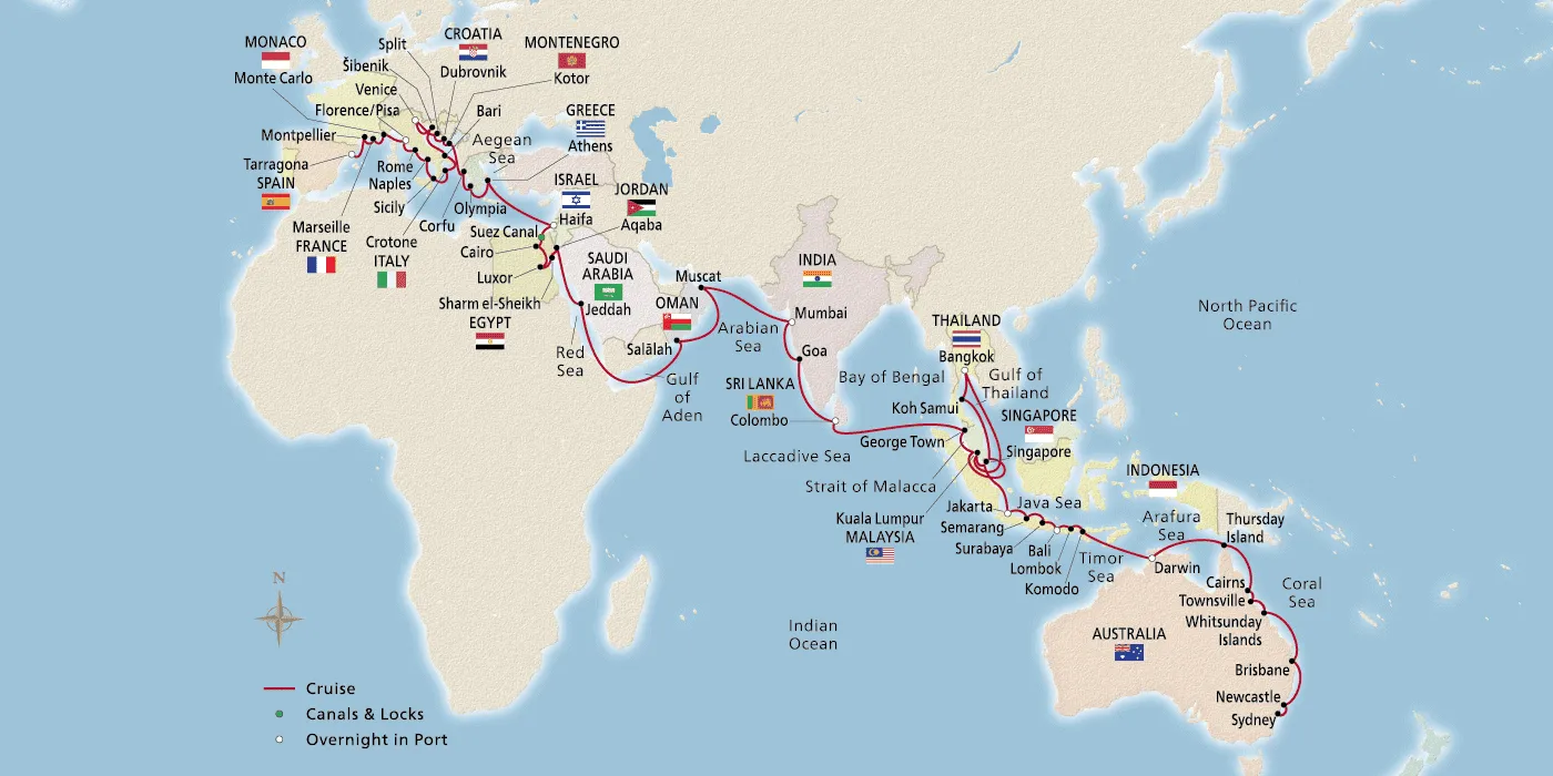 Map of Australia, Asia & the Mediterranean itinerary