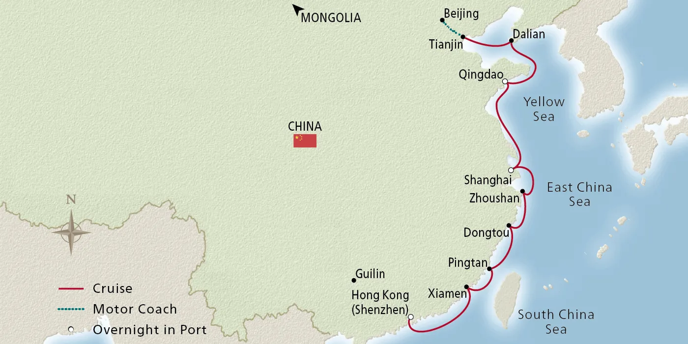 Map of Coastal Jewels of China itinerary