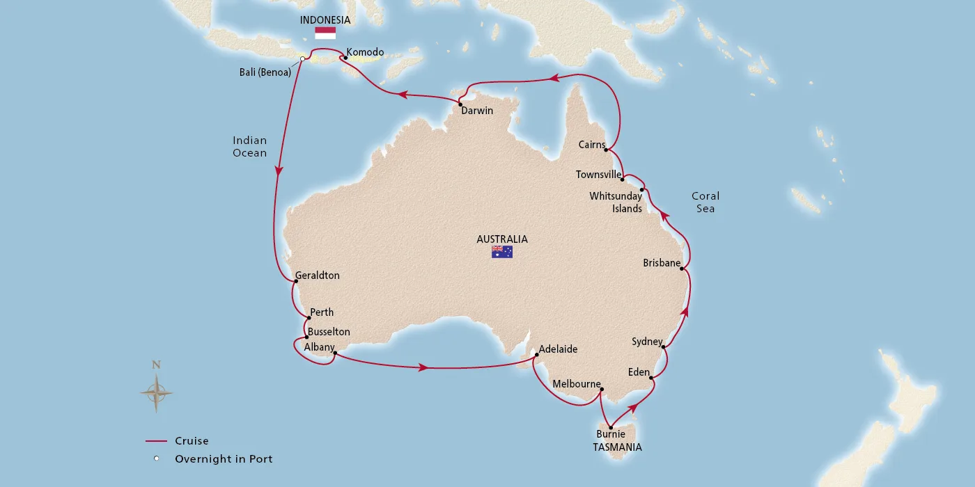 Map of Grand Australia Circumnavigation itinerary