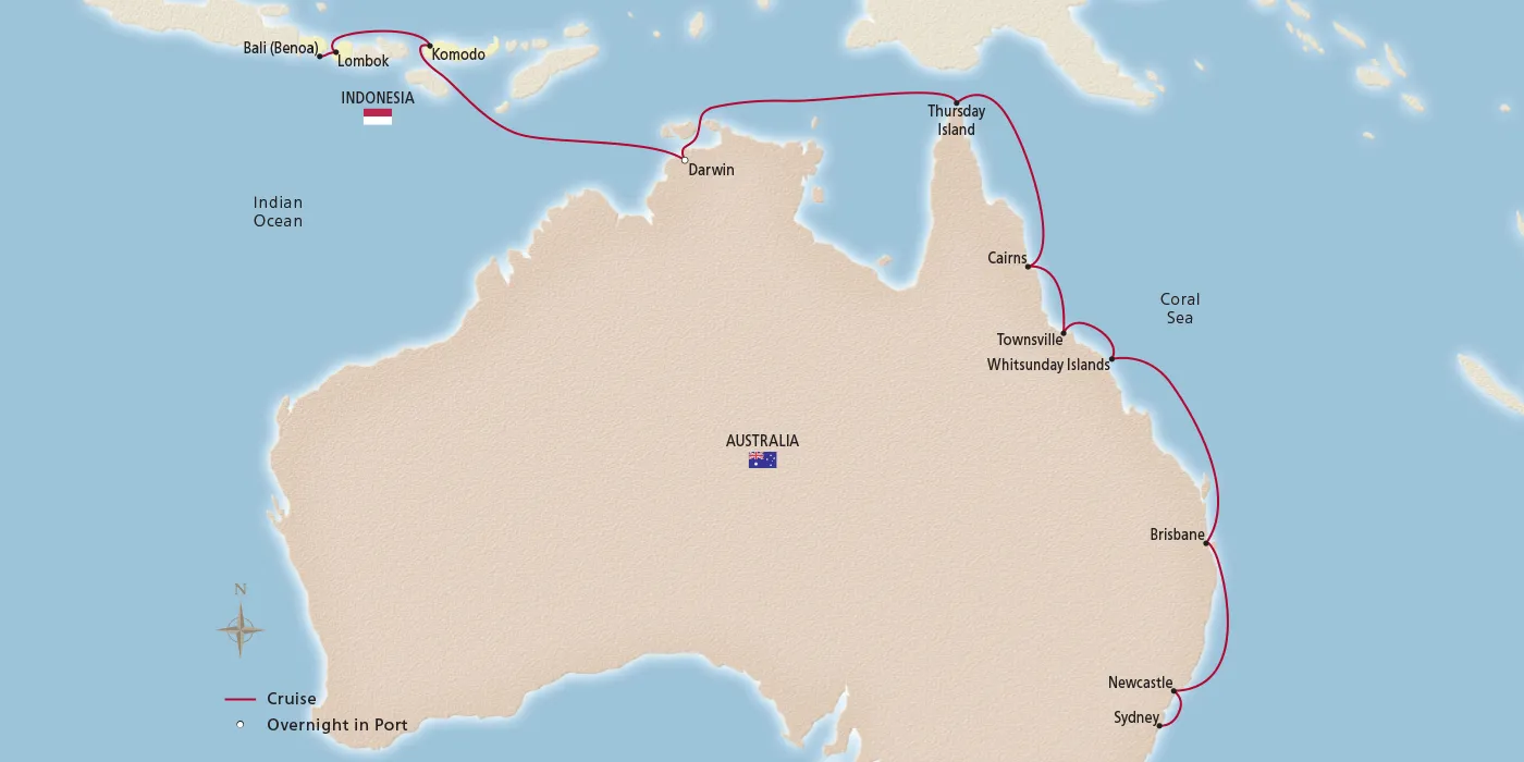 Map of Komodo & the Australian Coast itinerary
