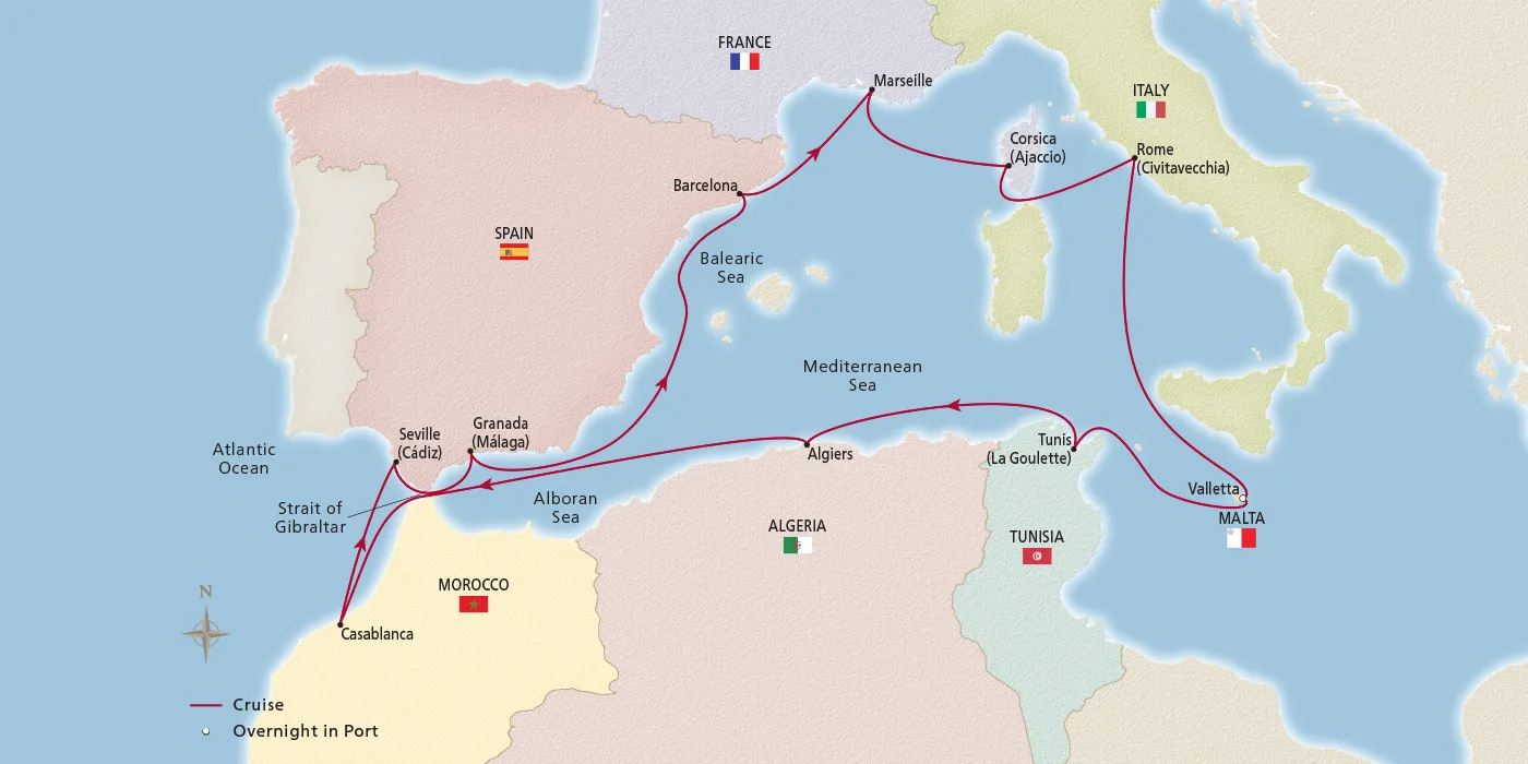 Map of Malta, Morocco & the Mediterranean itinerary