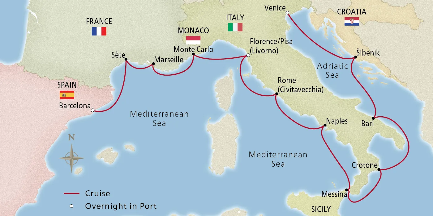 Map of Mediterranean & Italian Sojourn itinerary