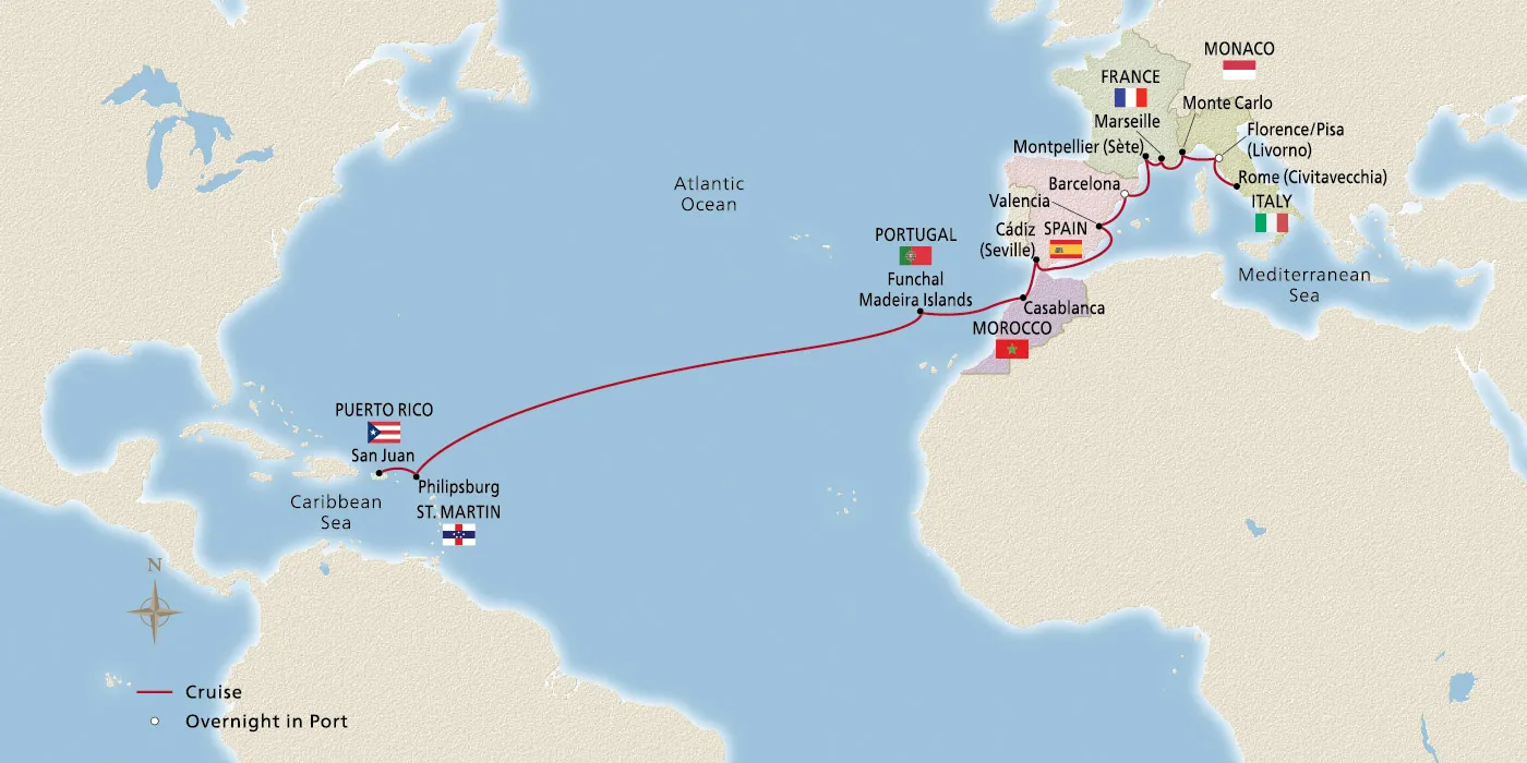 Map of Mediterranean to Caribbean Sojourn itinerary