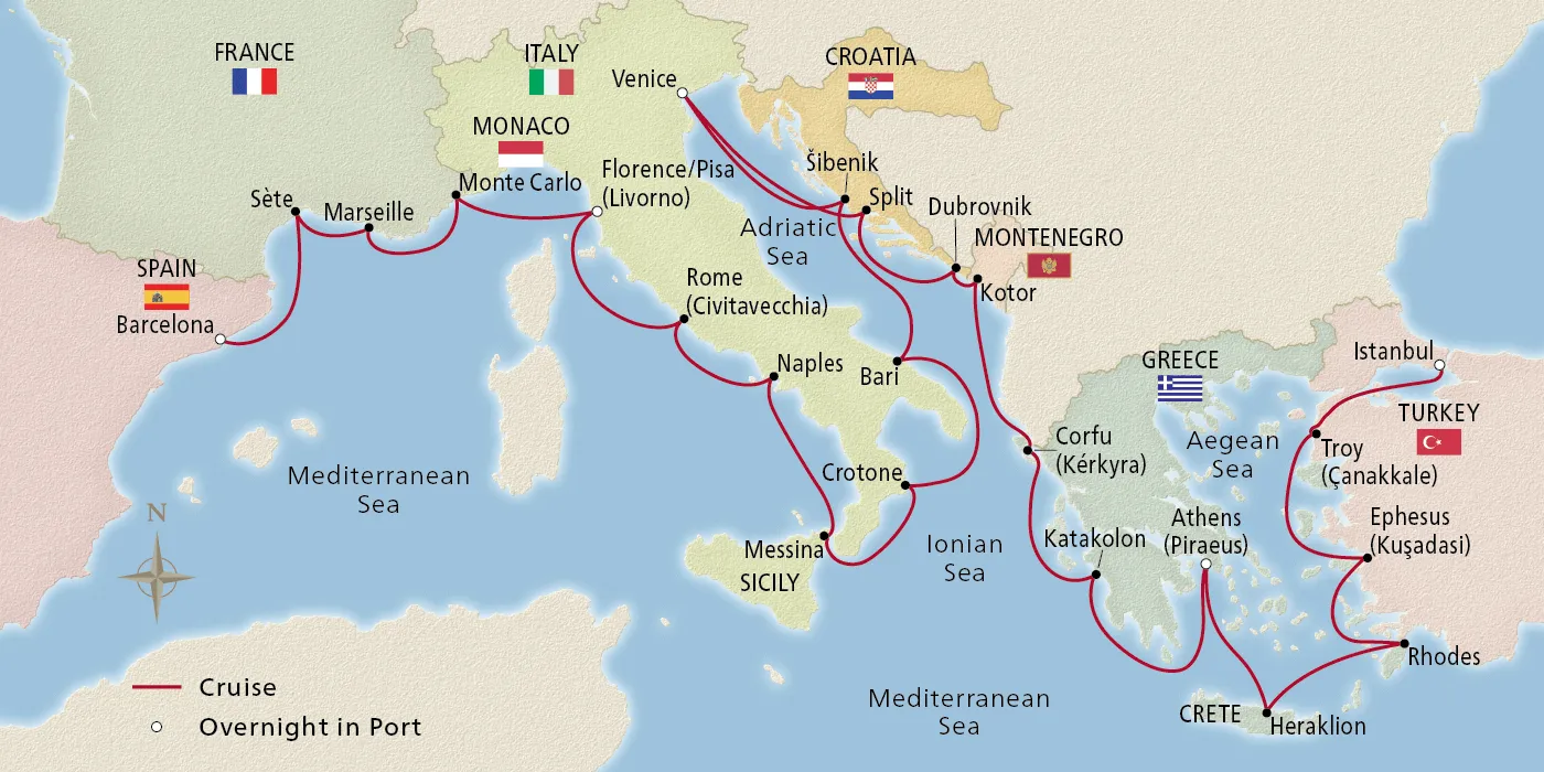 Map of Mediterranean's Iconic Shores itinerary