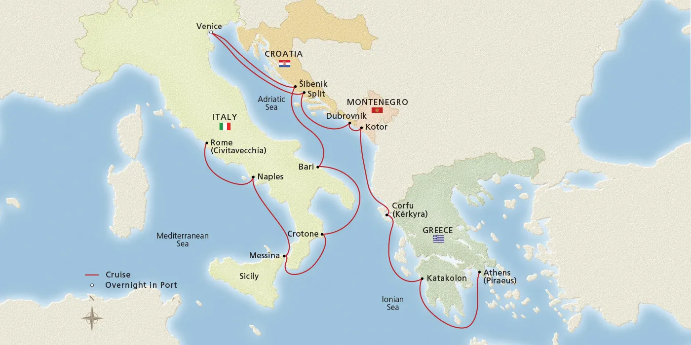 Map of Italy, the Adriatic & Greece itinerary