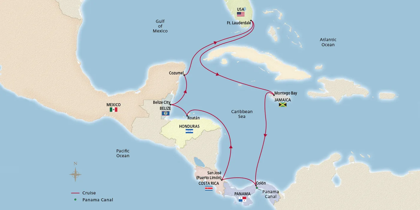 Map of Panama Canal & Central America itinerary