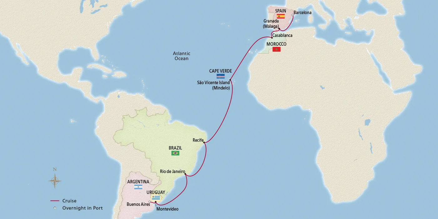 Map of Southern Atlantic Crossing itinerary