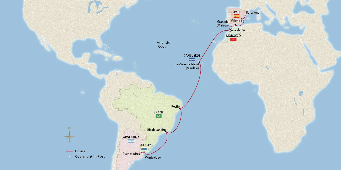 Map of Southern Atlantic Crossing itinerary