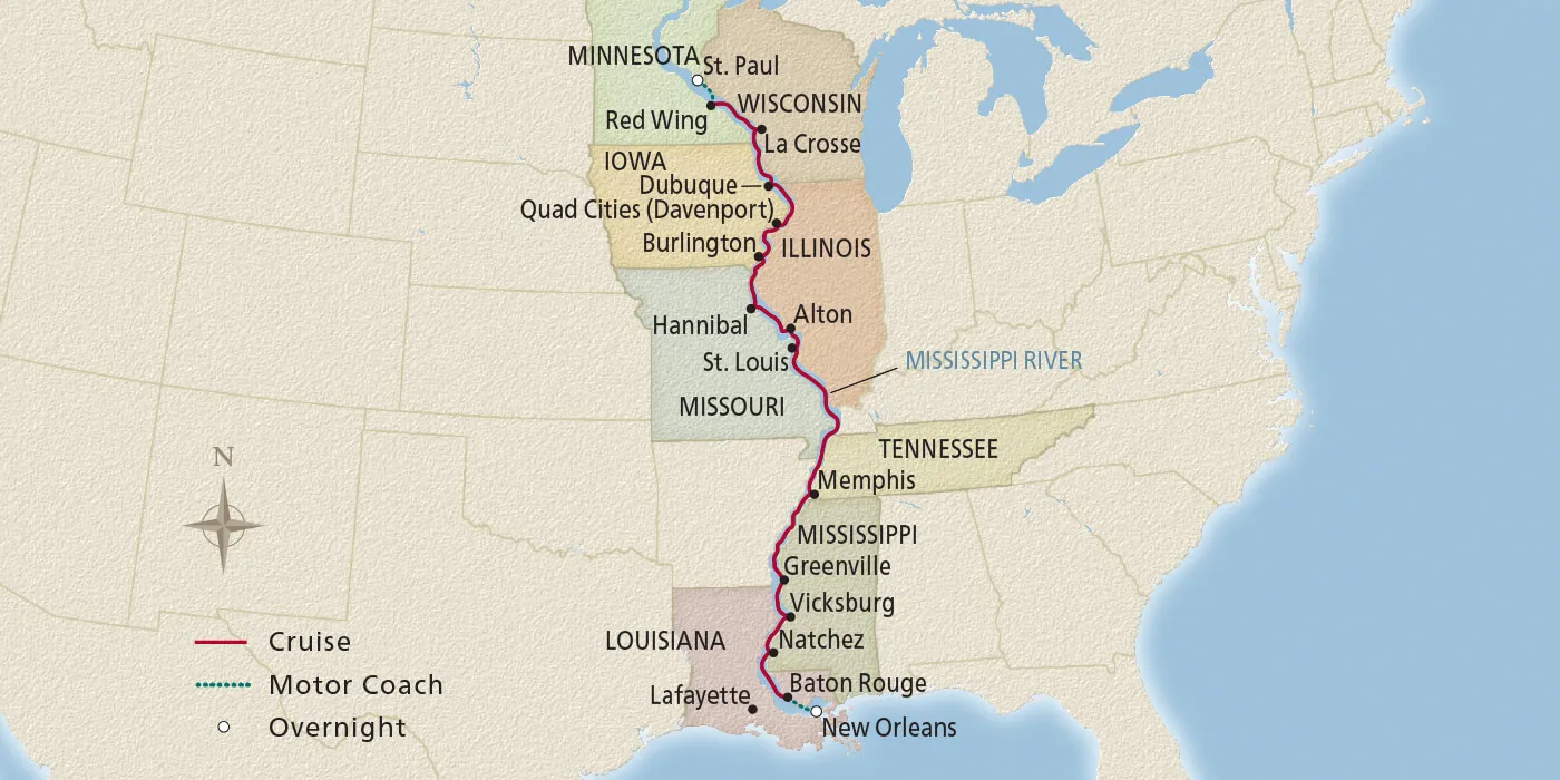 Map of America's Great River itinerary