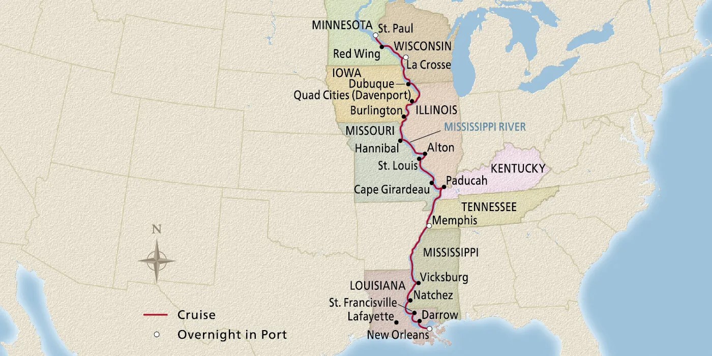 Map of Grand Mississippi Voyage itinerary
