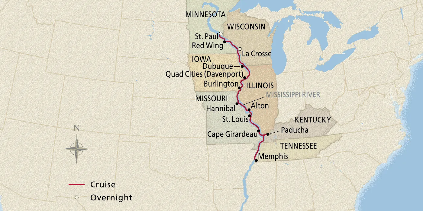 Upper Mississippi Explorer - 2024 Itinerary - Memphis, Tennessee to St ...