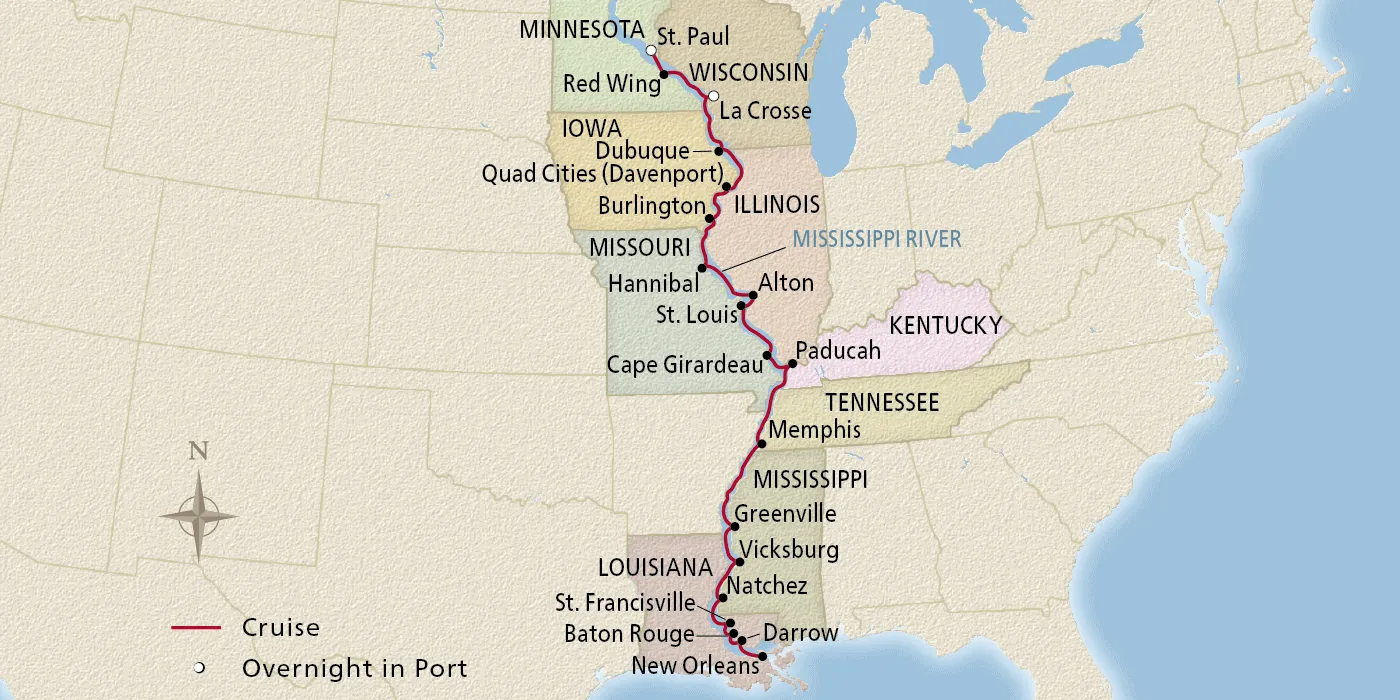 Map of Grand Mississippi Voyage itinerary