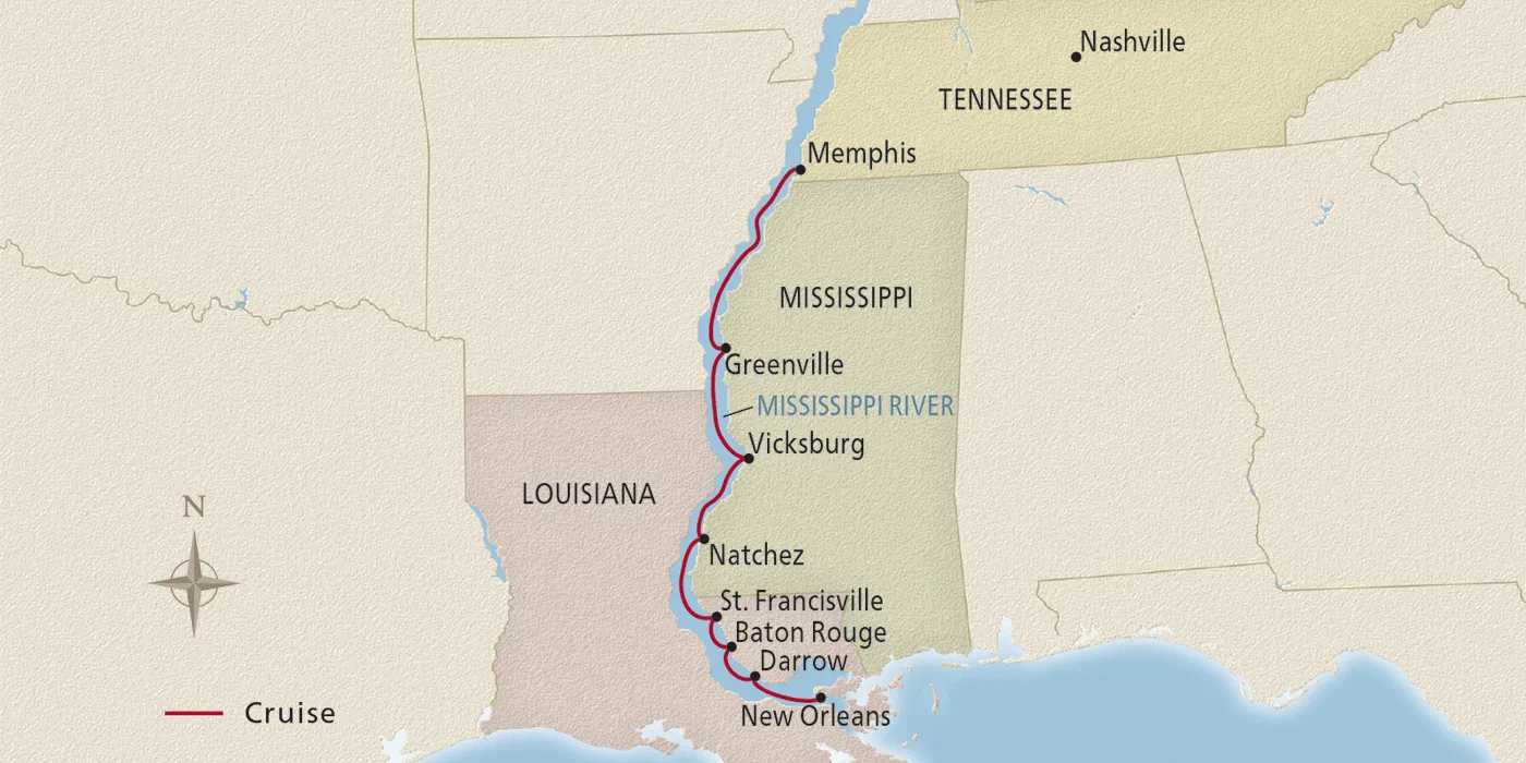 Map of Mississippi Delta Explorer itinerary