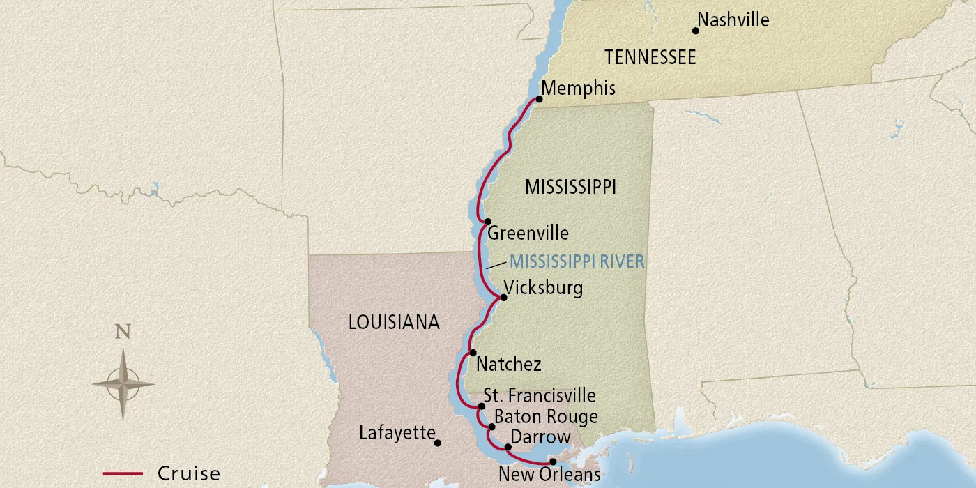 Map of Mississippi Delta Explorer itinerary