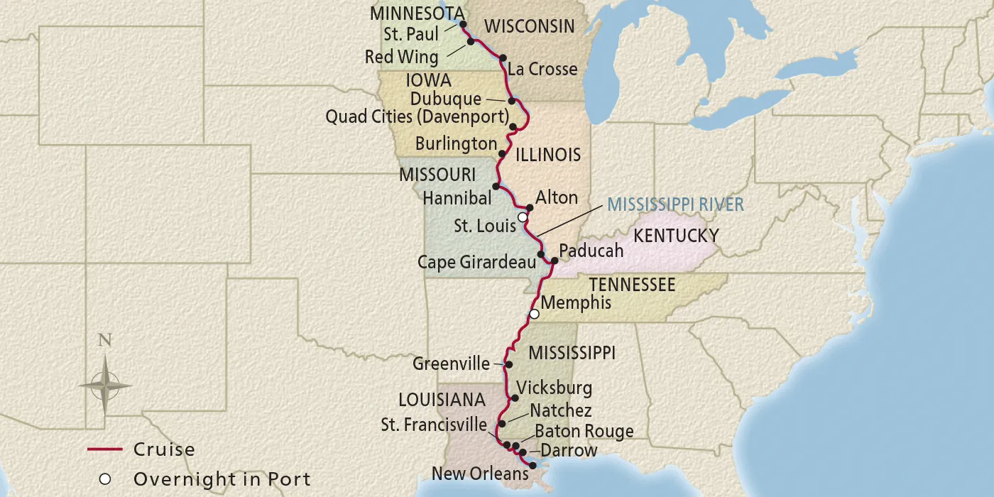 Map of Mississippi River Odyssey itinerary