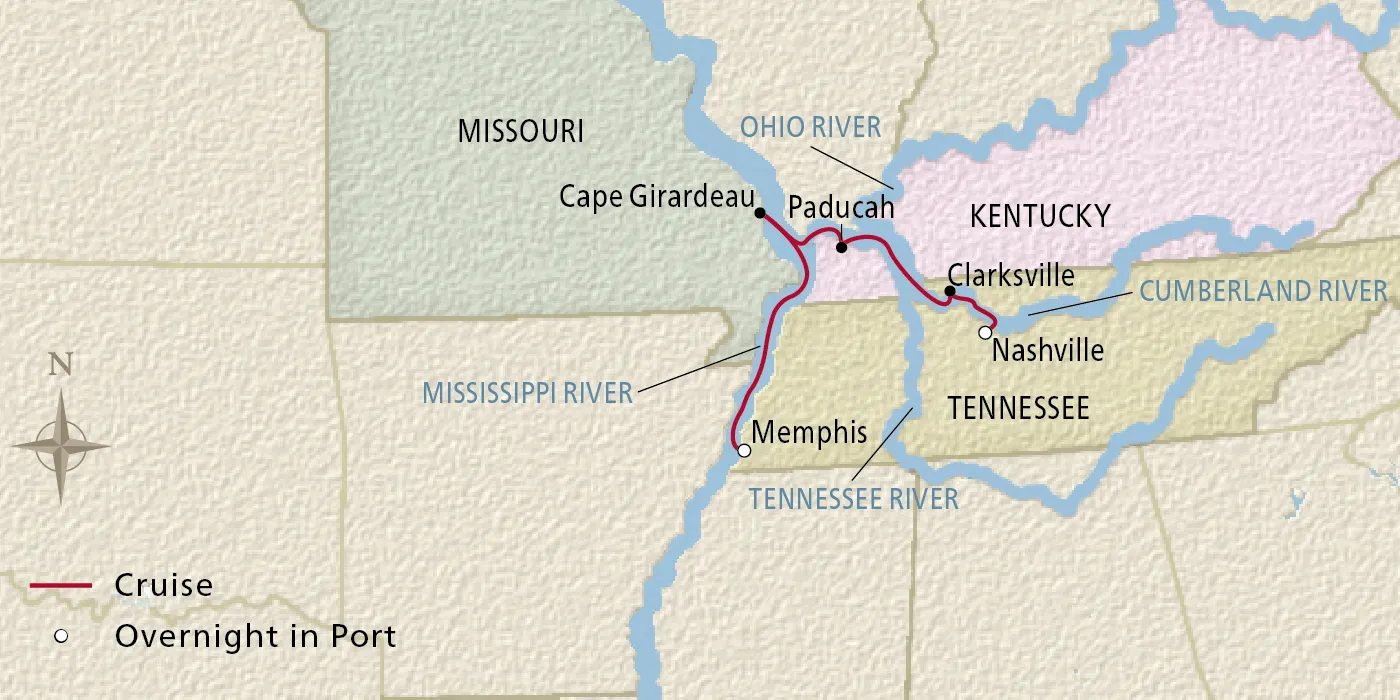 Map of Nashville, Memphis & the Cumberland itinerary